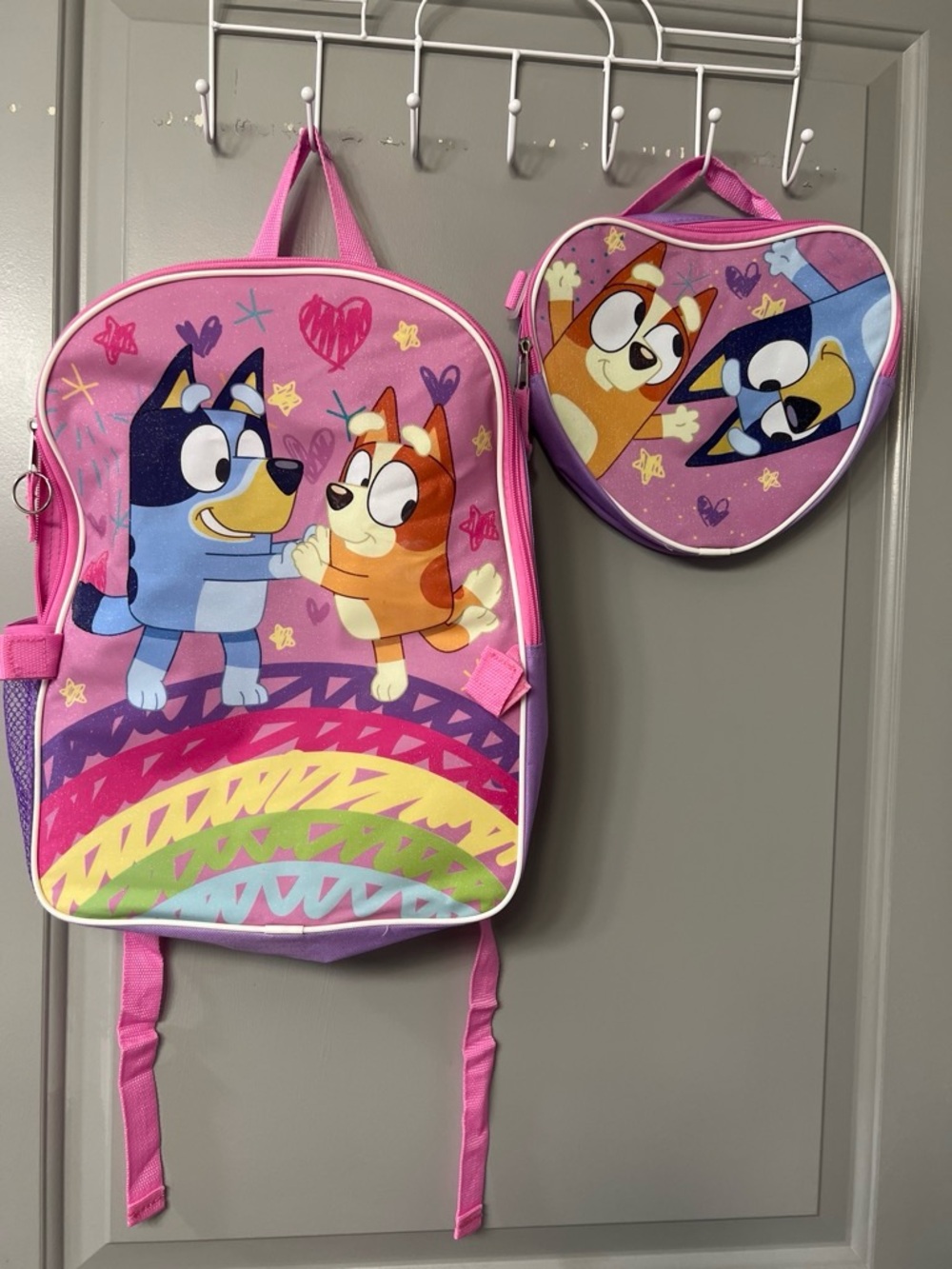 Kids Pink Cartoon Puppy Backpack and Heart Lunch Bag Set - Pink
